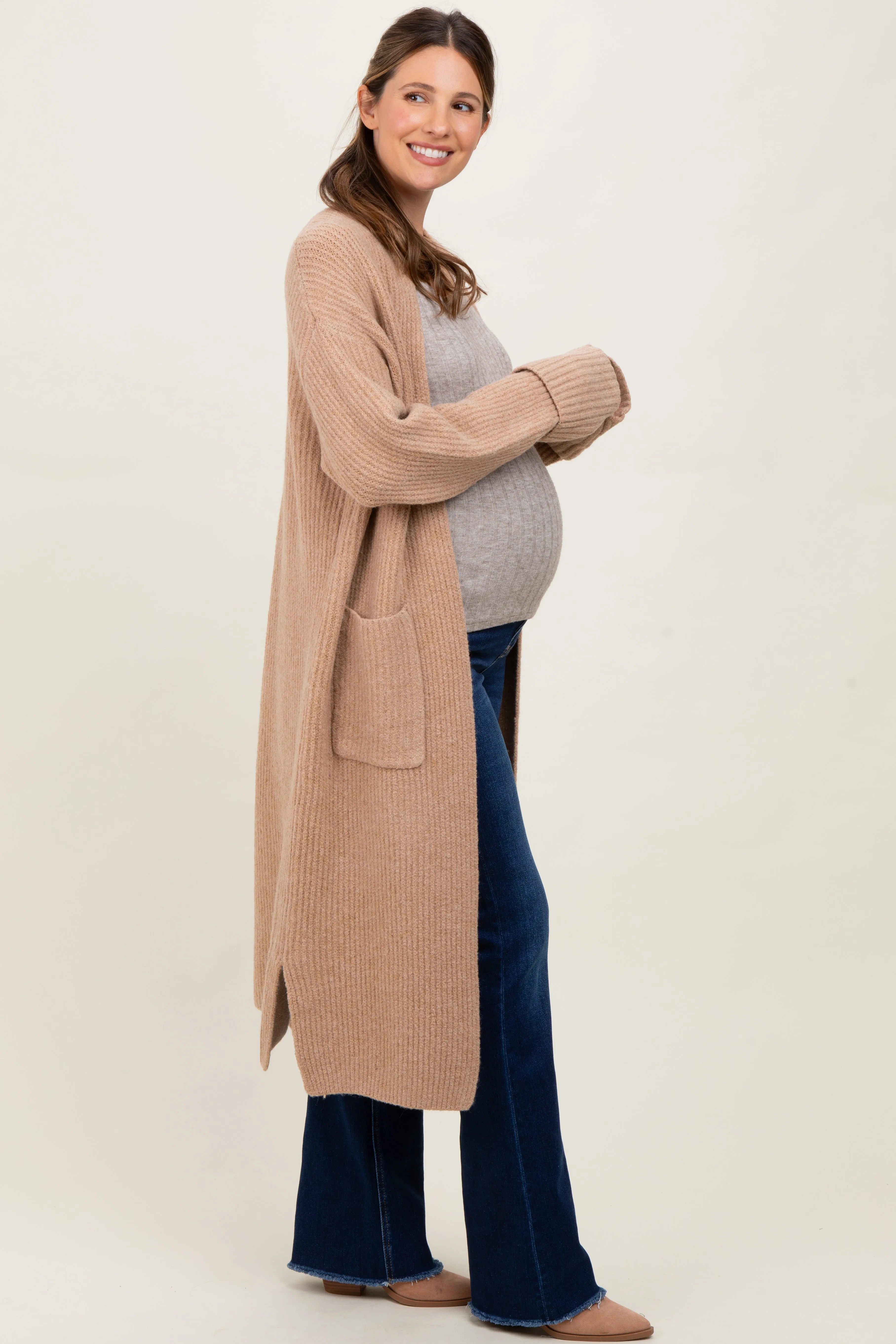 Camel Ribbed Chunky Knit Long Oversized Maternity Cardigan sold by Pinkblush product image thumbnail 2