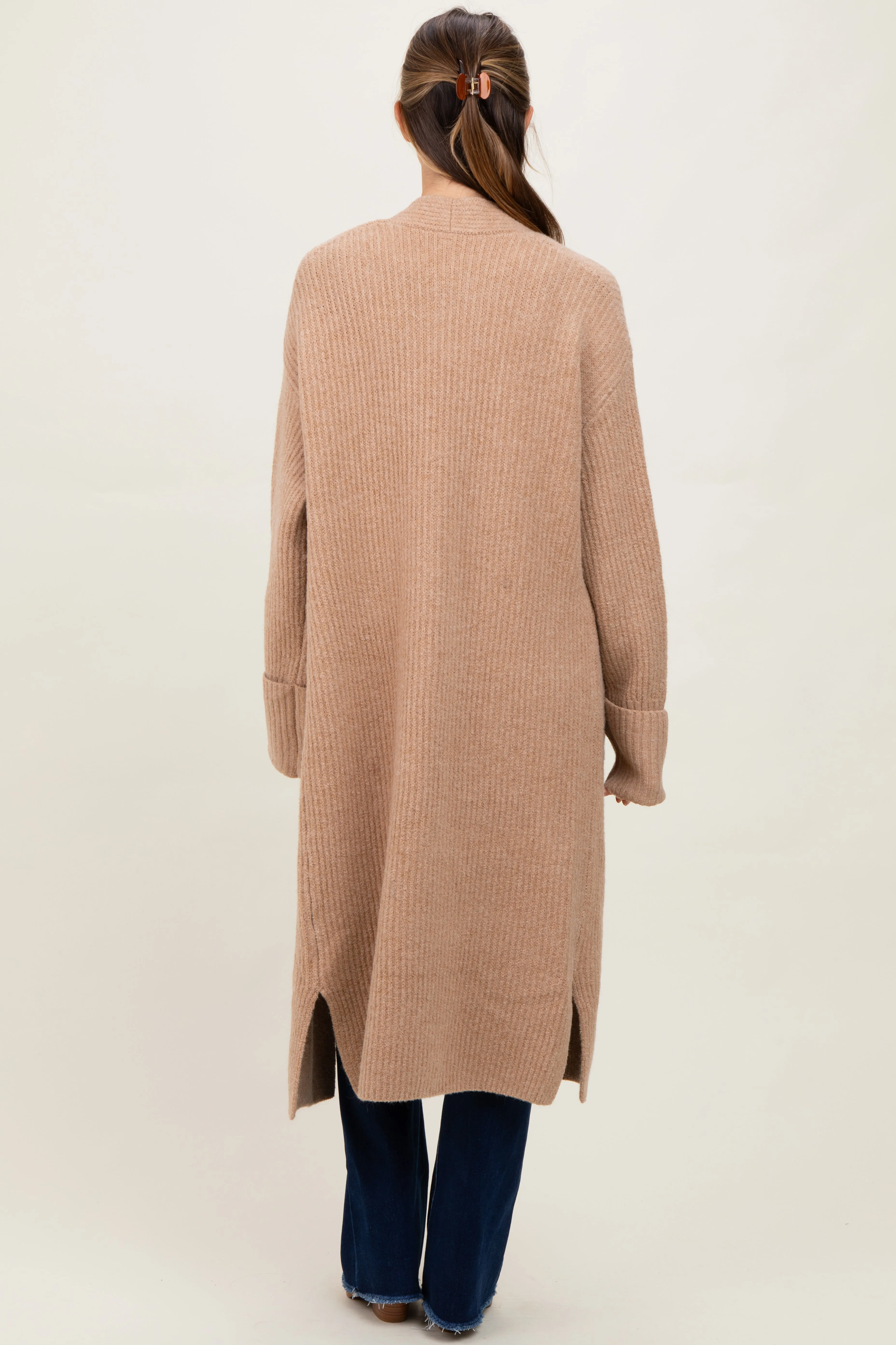 Camel Ribbed Chunky Knit Long Oversized Maternity Cardigan sold by Pinkblush product image thumbnail 3