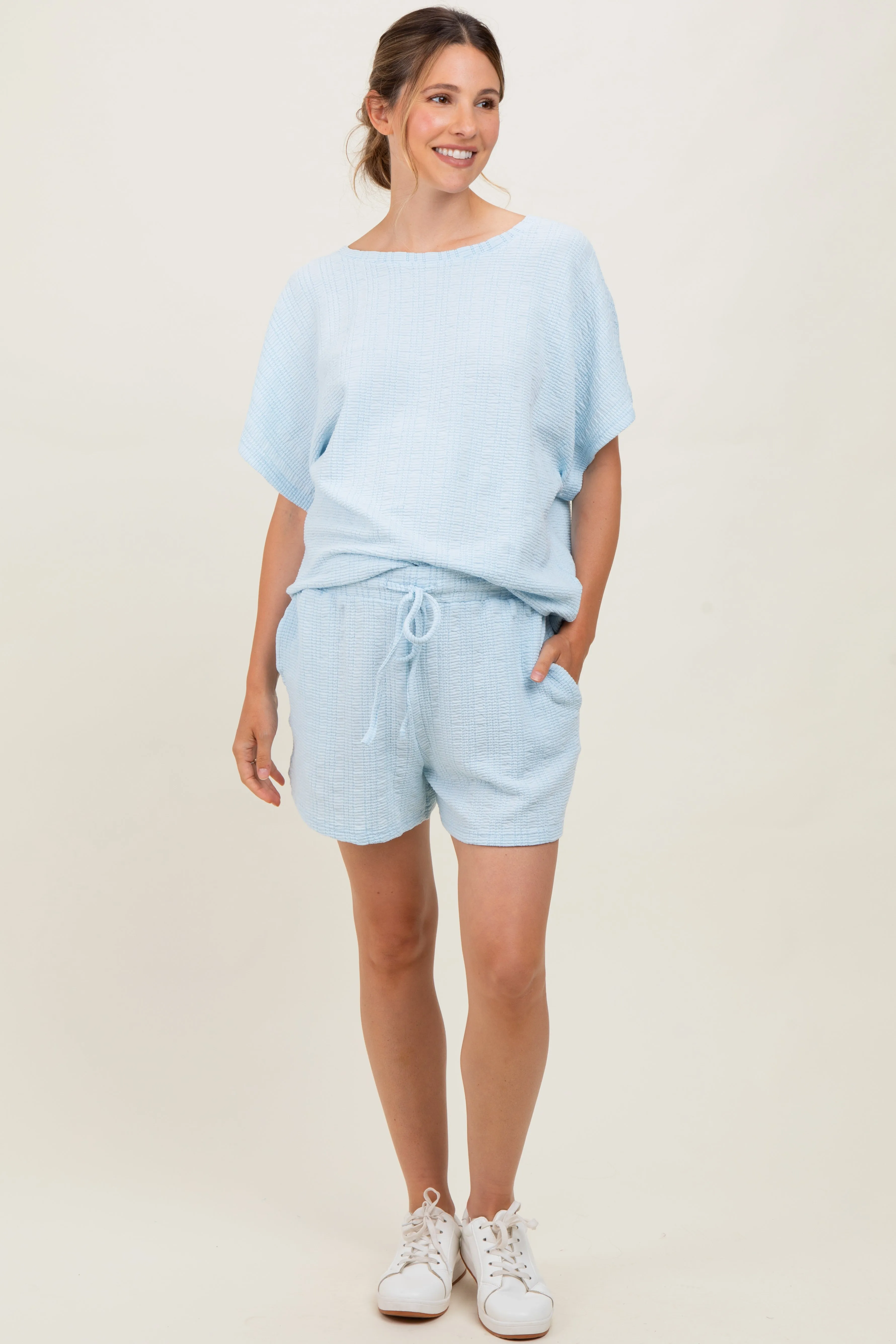 Light Blue Textured Knit Dolman Sleeve Top Shorts Maternity Set sold by Pinkblush