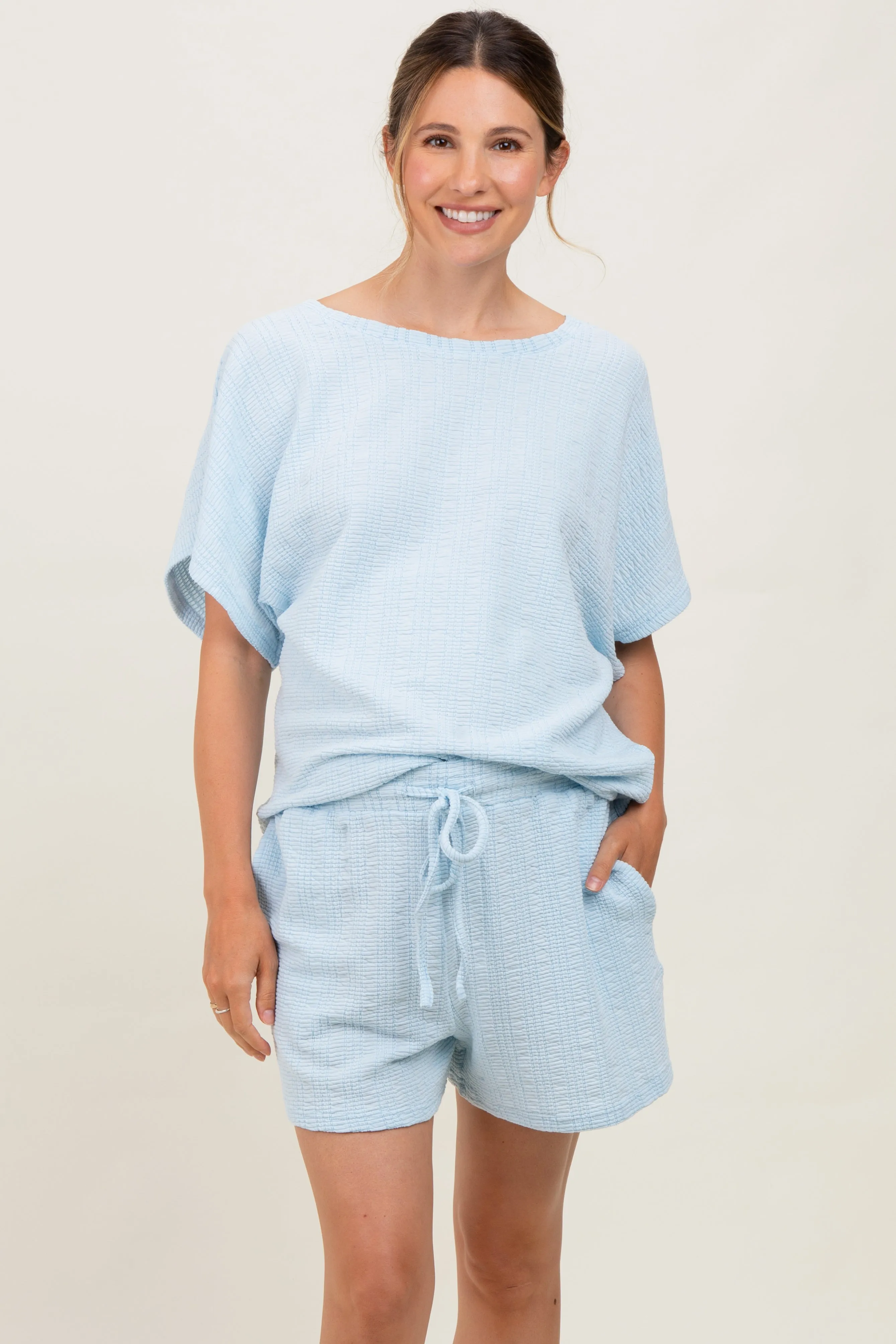 Light Blue Textured Knit Dolman Sleeve Top Shorts Maternity Set sold by Pinkblush product image thumbnail 2