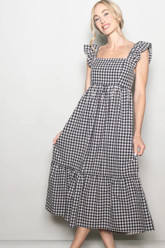 Black Gingham Ruffle Strap Midi Dress sold by Pinkblush