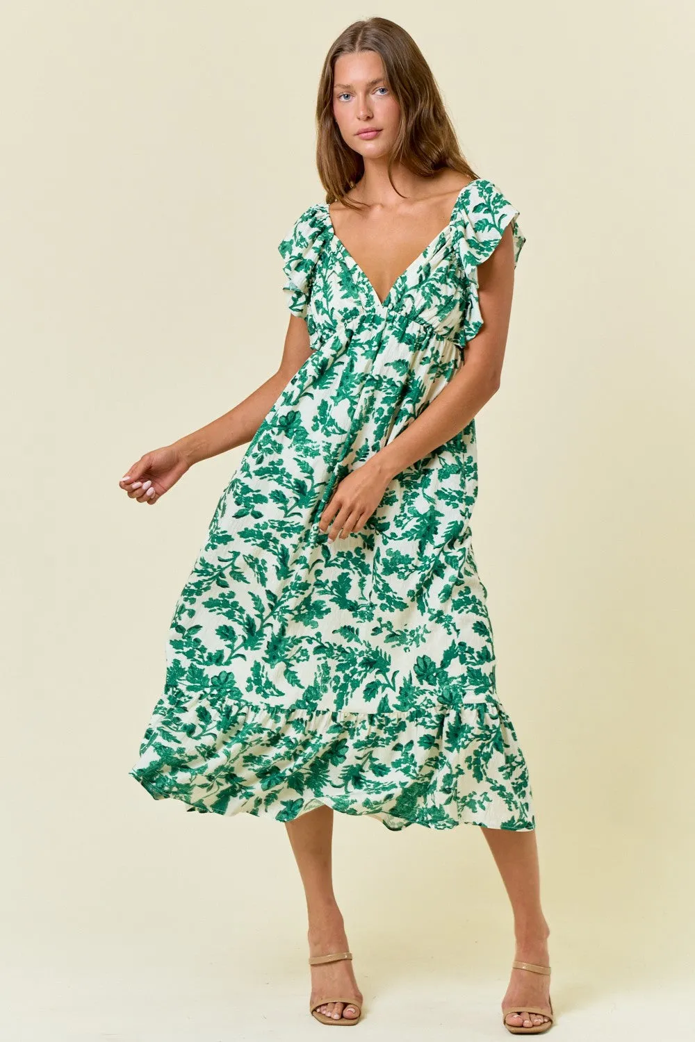 Green Floral V-Neck Flutter Sleeve Maternity Midi Dress sold by Pinkblush product image thumbnail 4