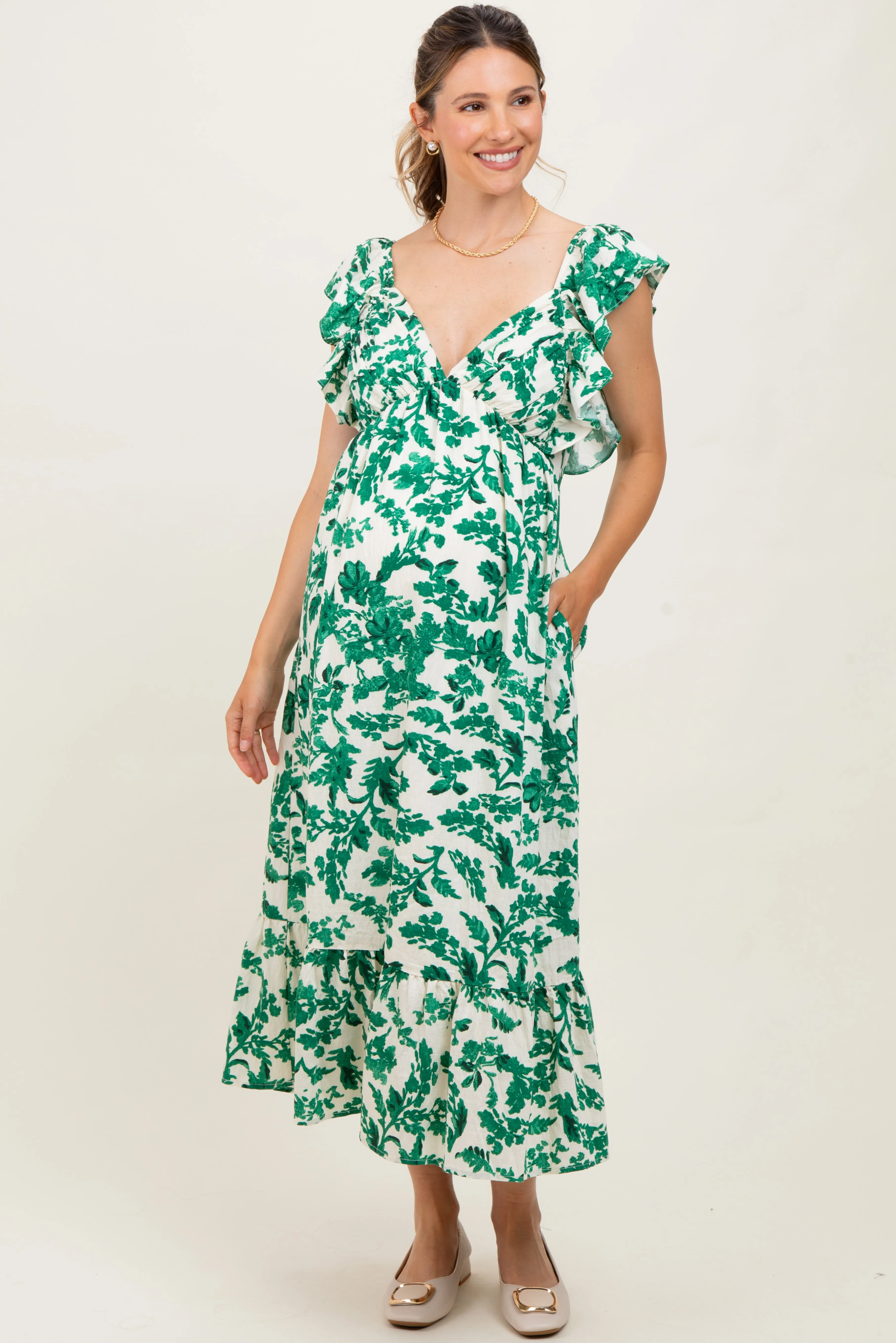 Green Floral V-Neck Flutter Sleeve Maternity Midi Dress sold by Pinkblush