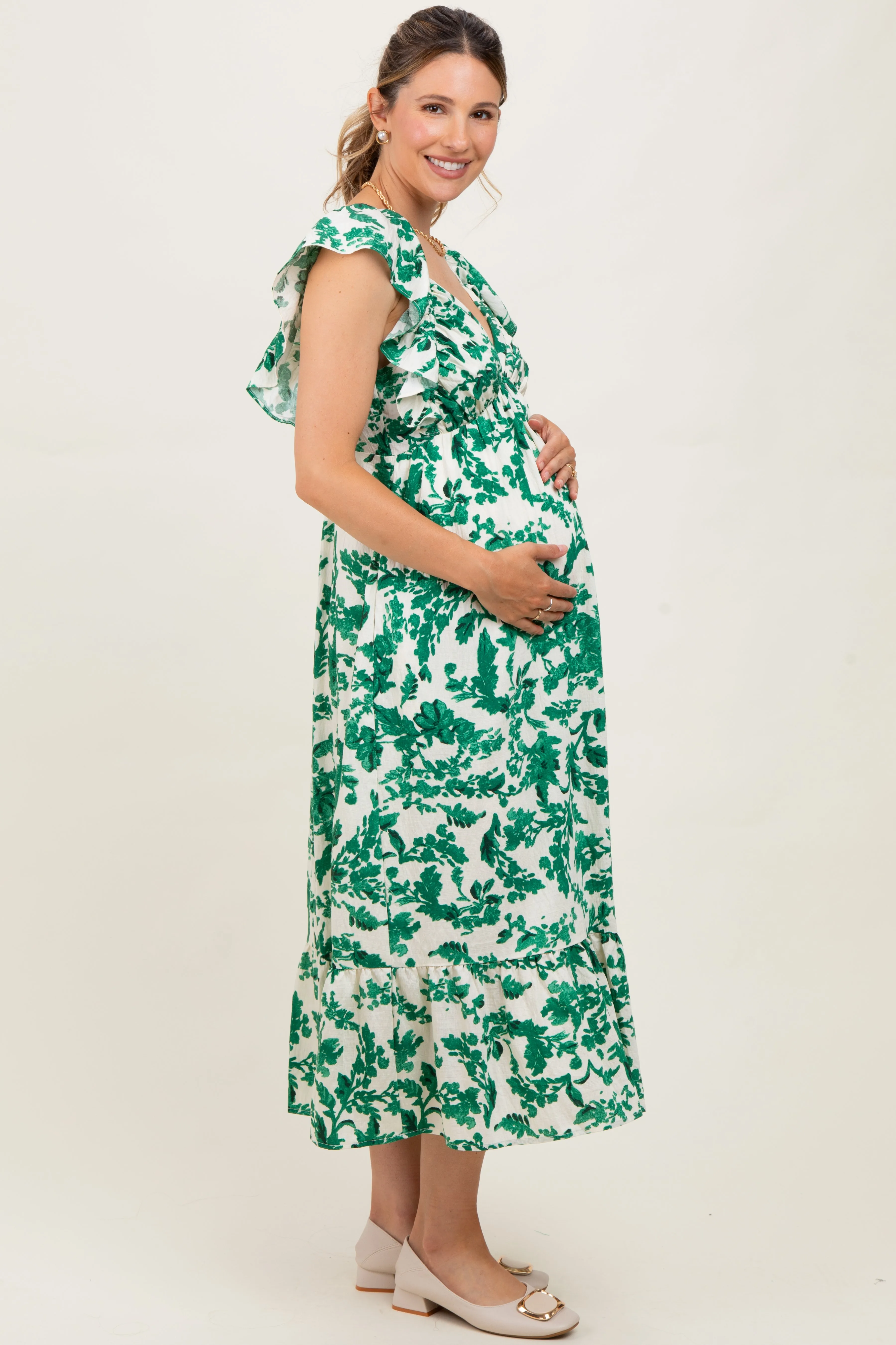 Green Floral V-Neck Flutter Sleeve Maternity Midi Dress sold by Pinkblush product image thumbnail 2