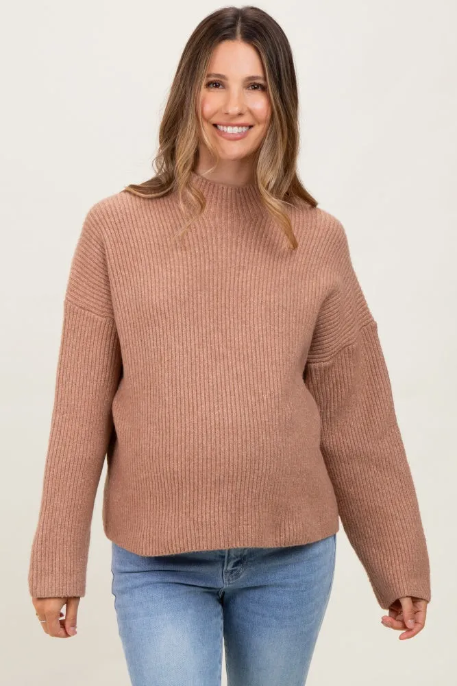 Mocha High Neck Ribbed Knit Maternity Sweater sold by Pinkblush