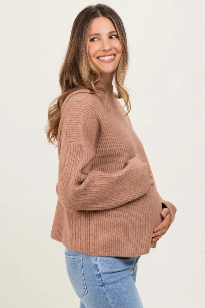 Mocha High Neck Ribbed Knit Maternity Sweater sold by Pinkblush product image thumbnail 3