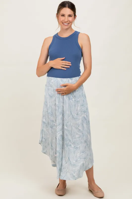 Blue Printed Smocked Waist Round Hem Maternity Midi Skirt sold by Pinkblush