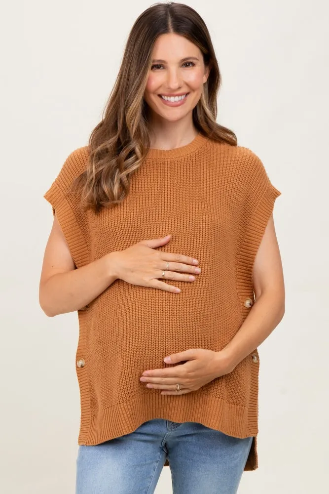 Camel Oversized Side Button Maternity Sweater Vest sold by Pinkblush