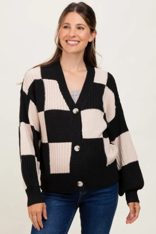 Black Checkered Rib Bubble Sleeve Button Maternity Cardigan sold by Pinkblush