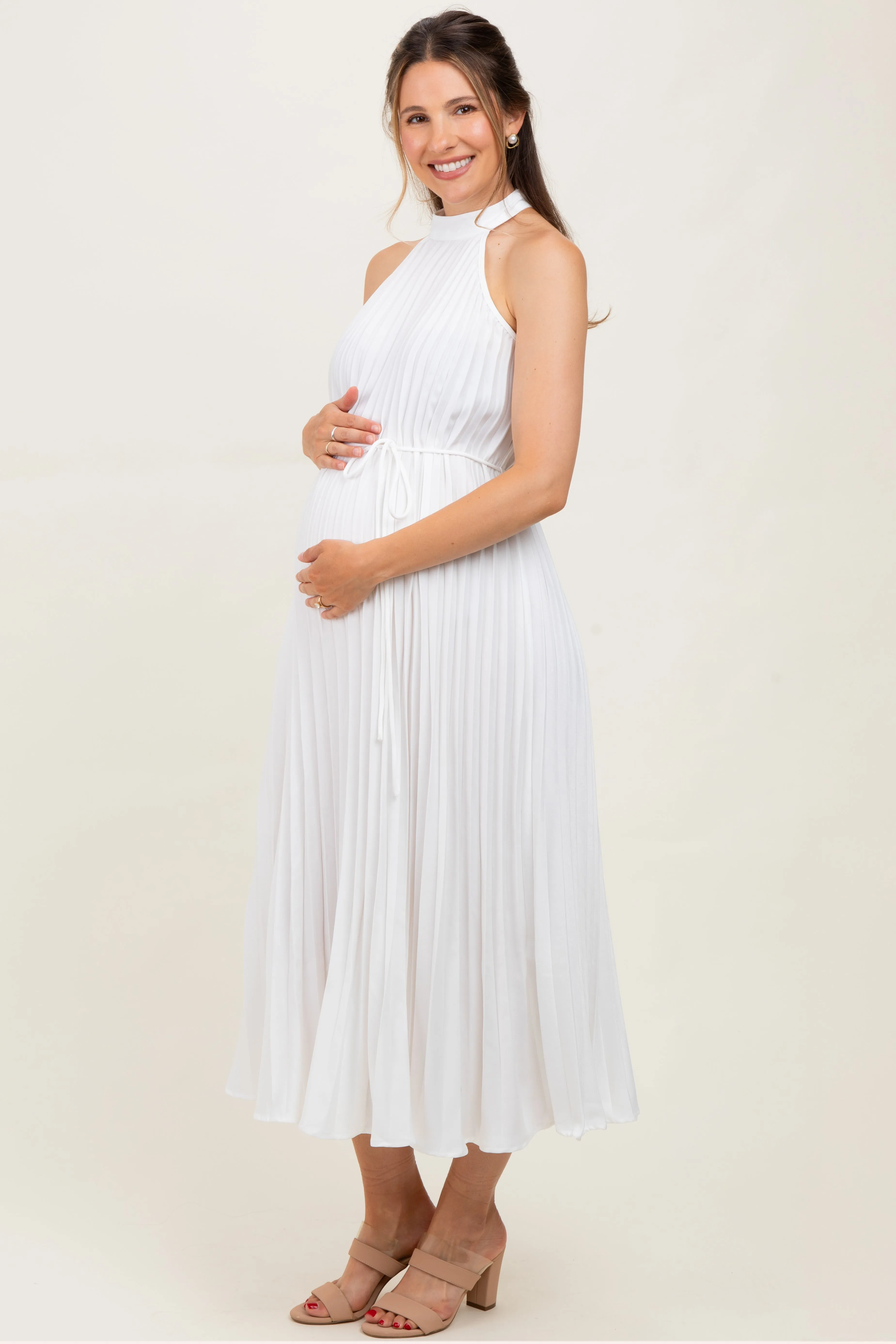 White Pleated Maternity Halter Dress sold by Pinkblush product image thumbnail 3