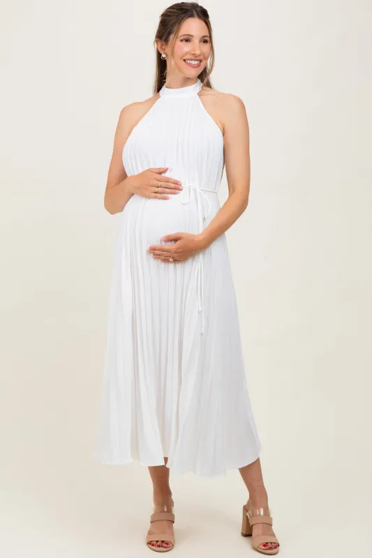 White Pleated Maternity Halter Dress sold by Pinkblush