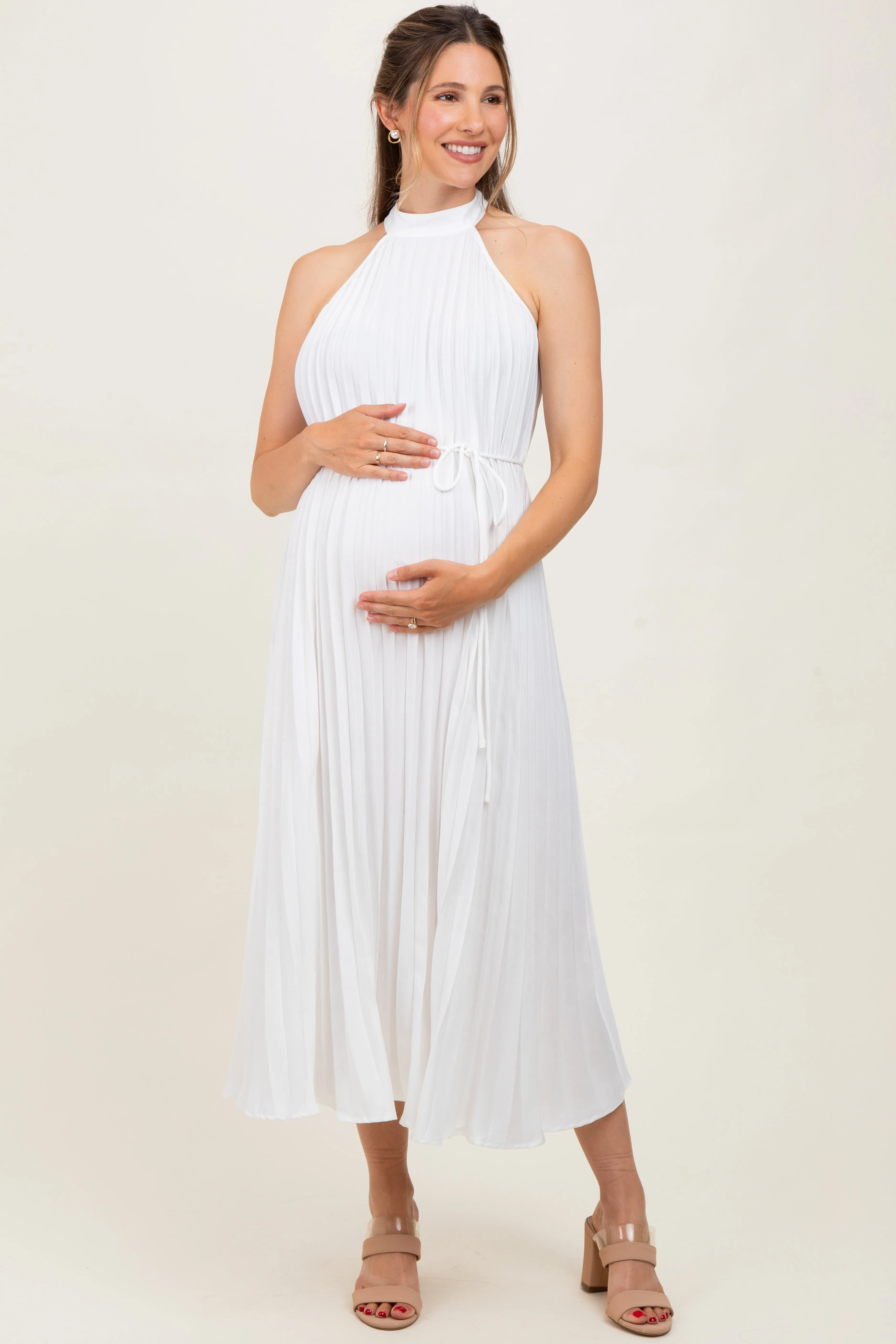 White Pleated Maternity Halter Dress sold by Pinkblush