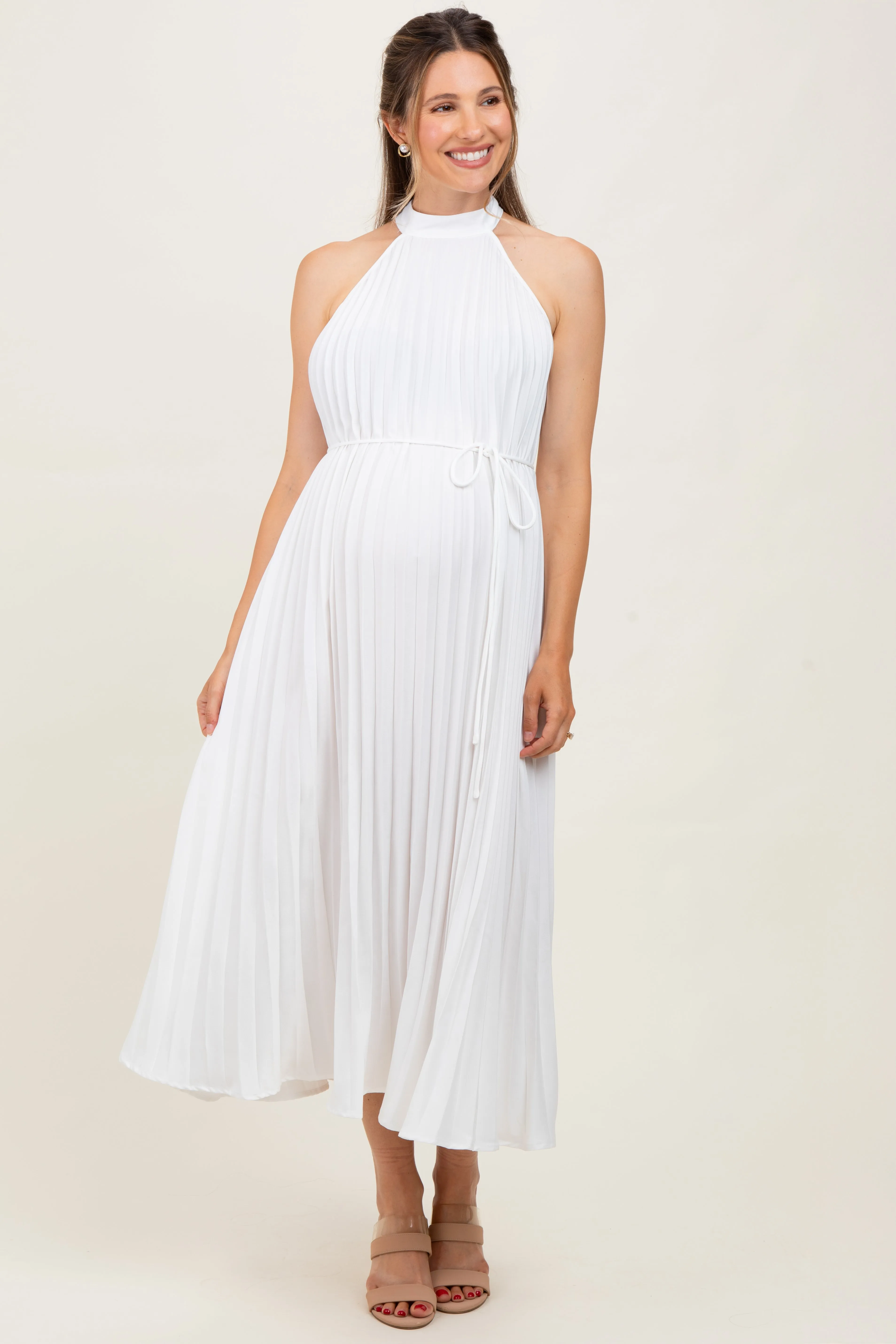 White Pleated Maternity Halter Dress sold by Pinkblush product image thumbnail 2