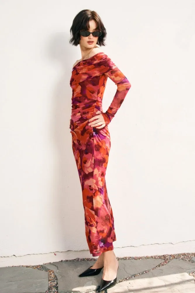 Red Floral Mesh Off Shoulder Long Sleeve Maxi Dress sold by Pinkblush product image thumbnail 3