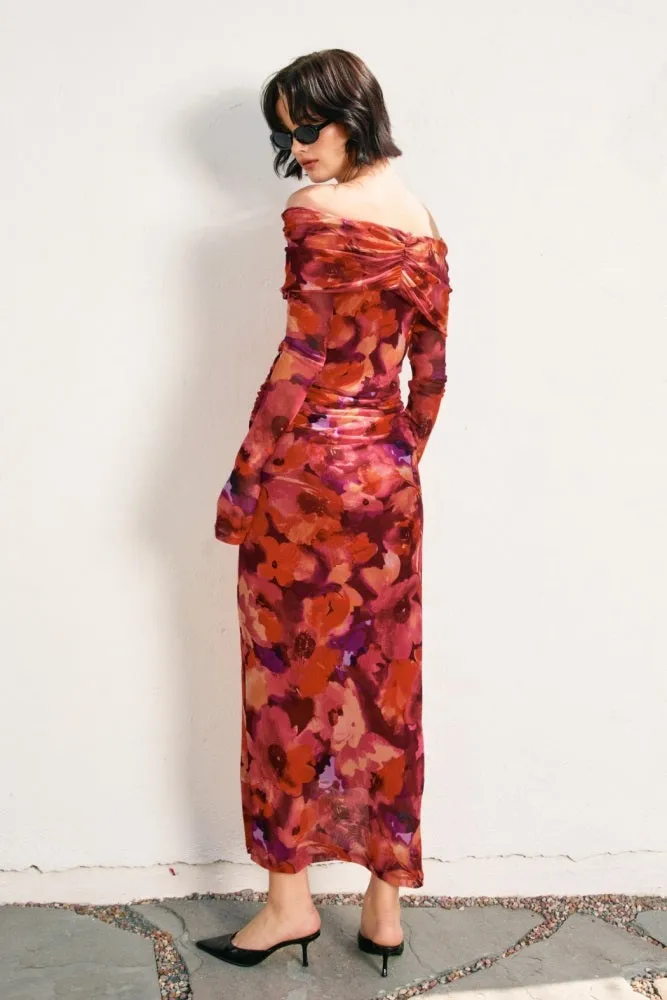 Red Floral Mesh Off Shoulder Long Sleeve Maxi Dress sold by Pinkblush product image thumbnail 4
