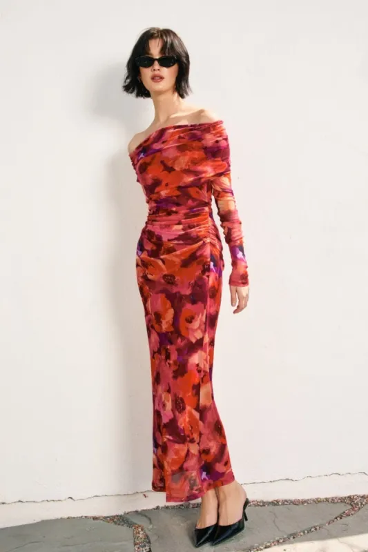 Red Floral Mesh Off Shoulder Long Sleeve Maxi Dress sold by Pinkblush