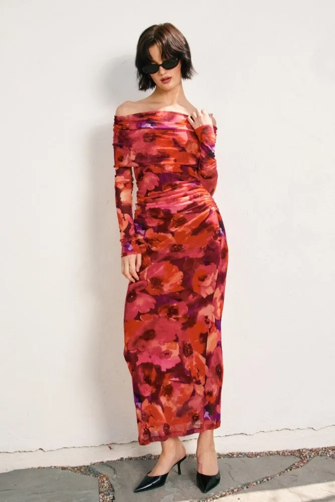 Red Floral Mesh Off Shoulder Long Sleeve Maxi Dress sold by Pinkblush product image thumbnail 2