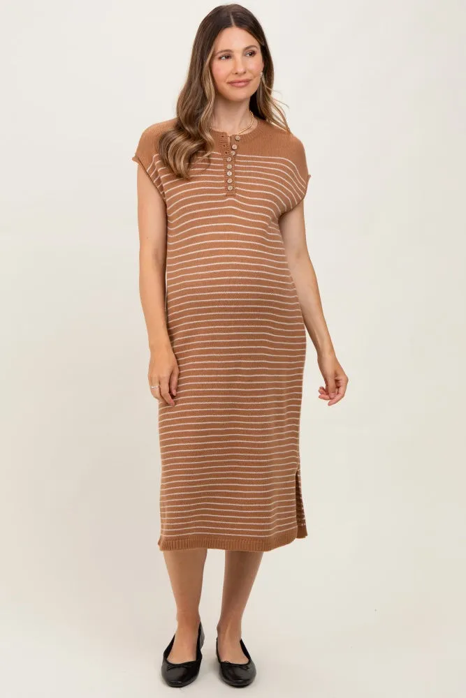 Mocha Striped Knit Button Detail Maternity Midi Dress sold by Pinkblush