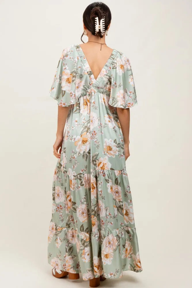 Sage Floral Print Elbow Sleeve V-Neck Tiered Maxi Dress sold by Pinkblush product image thumbnail 2