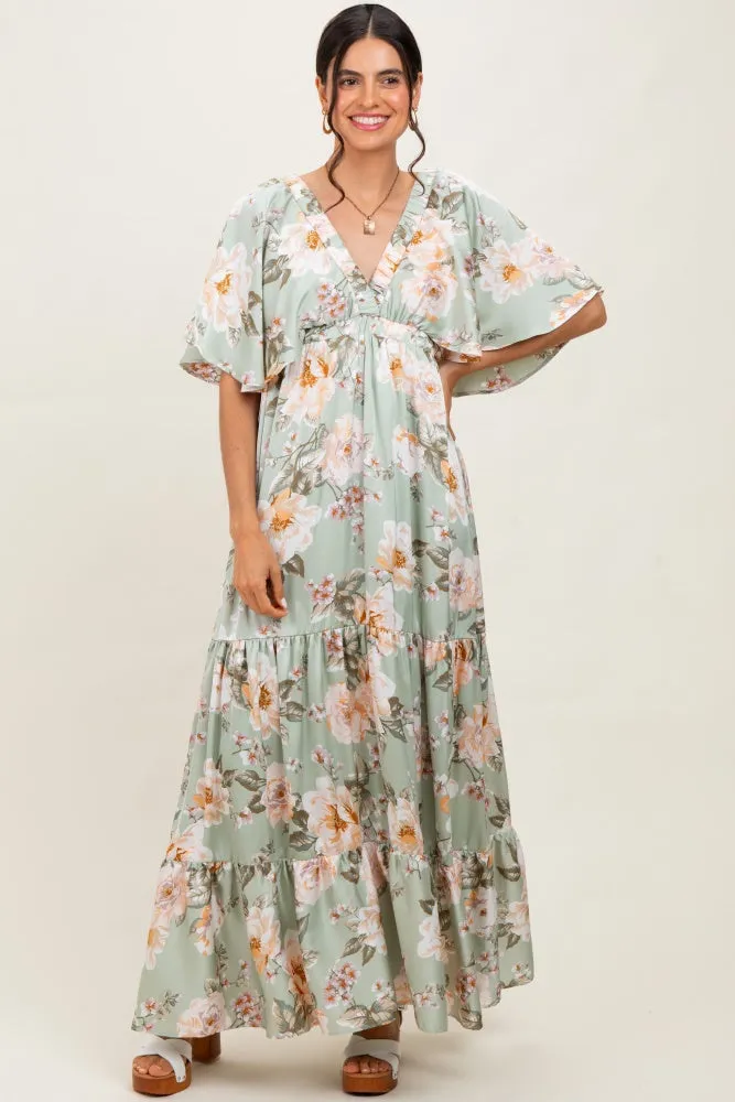 Sage Floral Print Elbow Sleeve V-Neck Tiered Maxi Dress sold by Pinkblush product image thumbnail 3
