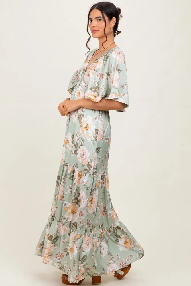 Sage Floral Print Elbow Sleeve V-Neck Tiered Maxi Dress sold by Pinkblush product image thumbnail 4