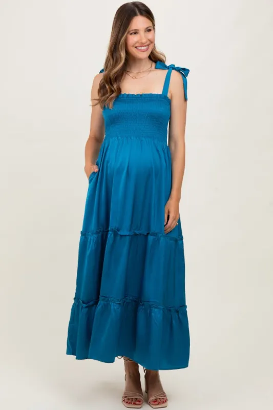 Blue Satin Smocked Maternity Maxi Dress sold by Pinkblush