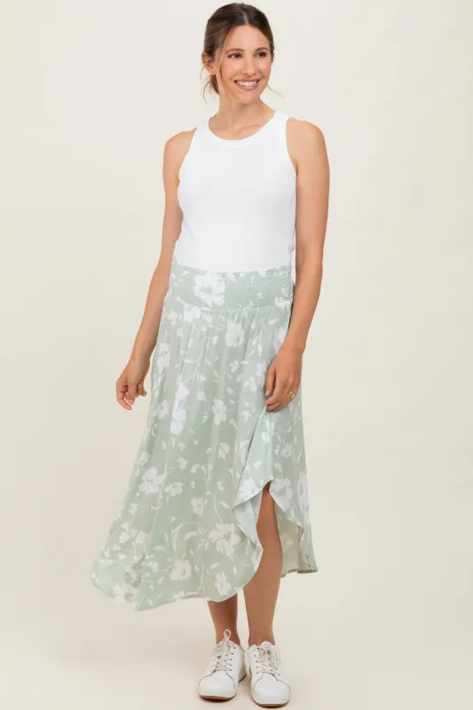 Light Olive Floral Smocked Waist Round Hem Maternity Midi Skirts sold by Pinkblush