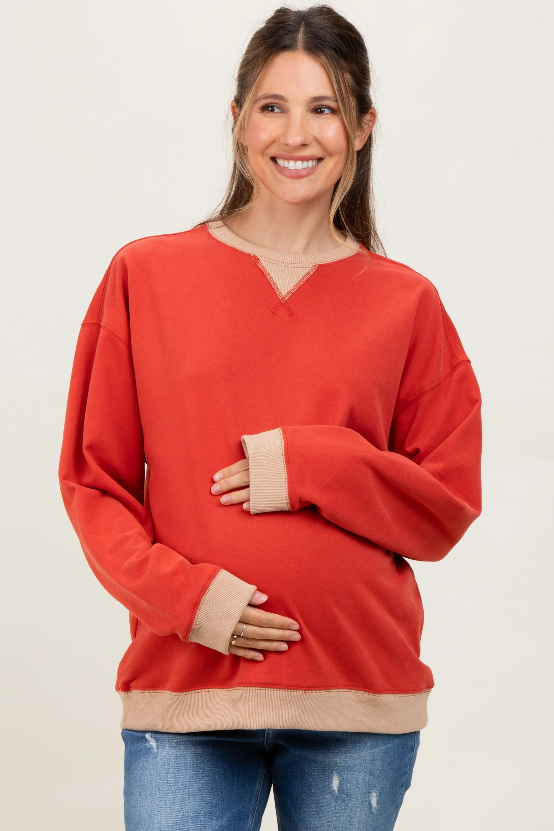 Red Colorblock Maternity Pullover Top sold by Pinkblush