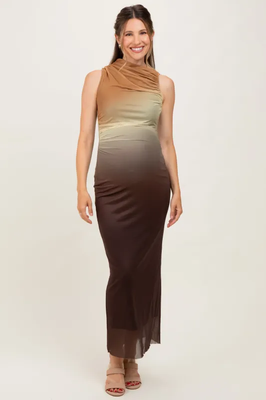 Brown Ombre Mesh Ruched Sleeveless Maternity Midi Dress sold by Pinkblush