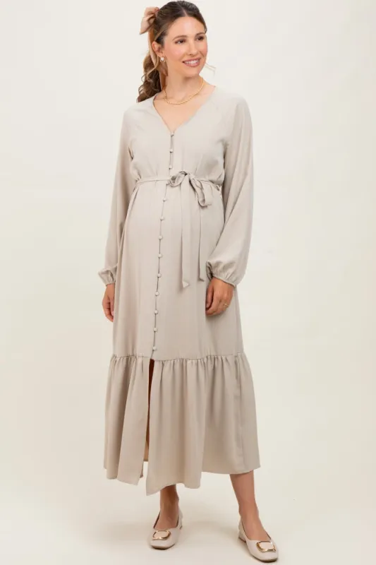 Beige Elegant Long Sleeve Waist Tie Maternity Midi Dress sold by Pinkblush
