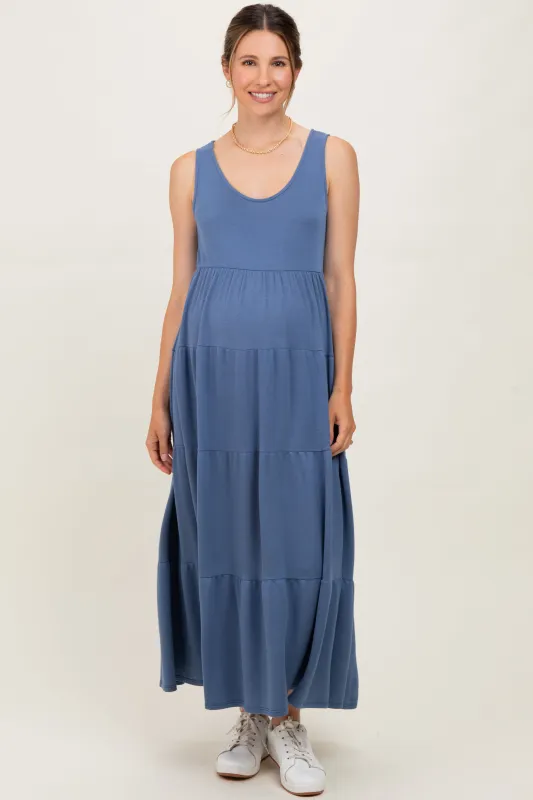 Navy Blue Solid Tiered French Terry Maternity Maxi Dress sold by Pinkblush