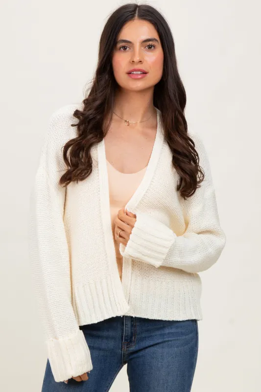 Cream Contrast Knit Open Cardigan sold by Pinkblush