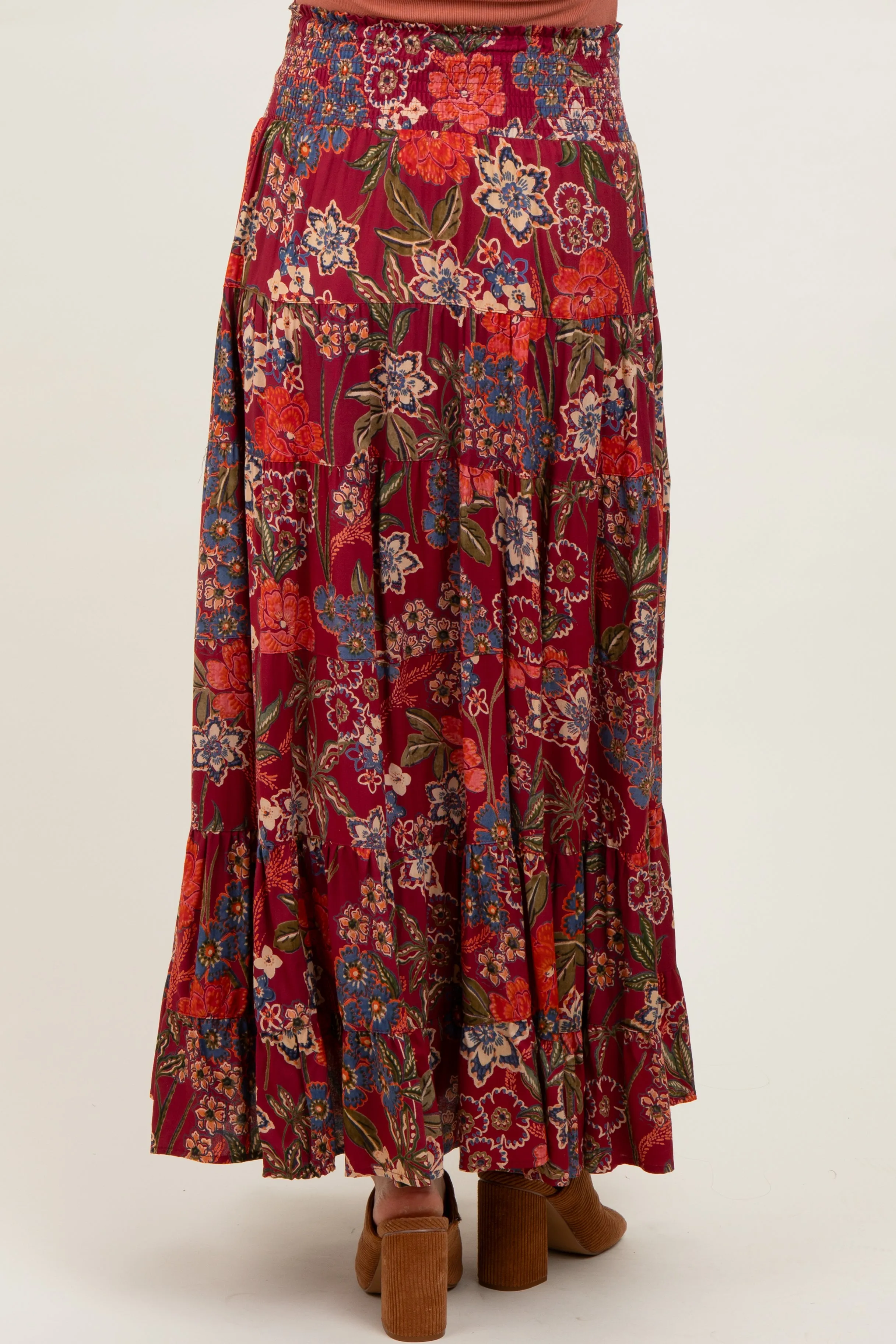 Burgundy Floral Smocked Waist Tiered Maternity Maxi Skirt sold by Pinkblush product image thumbnail 4