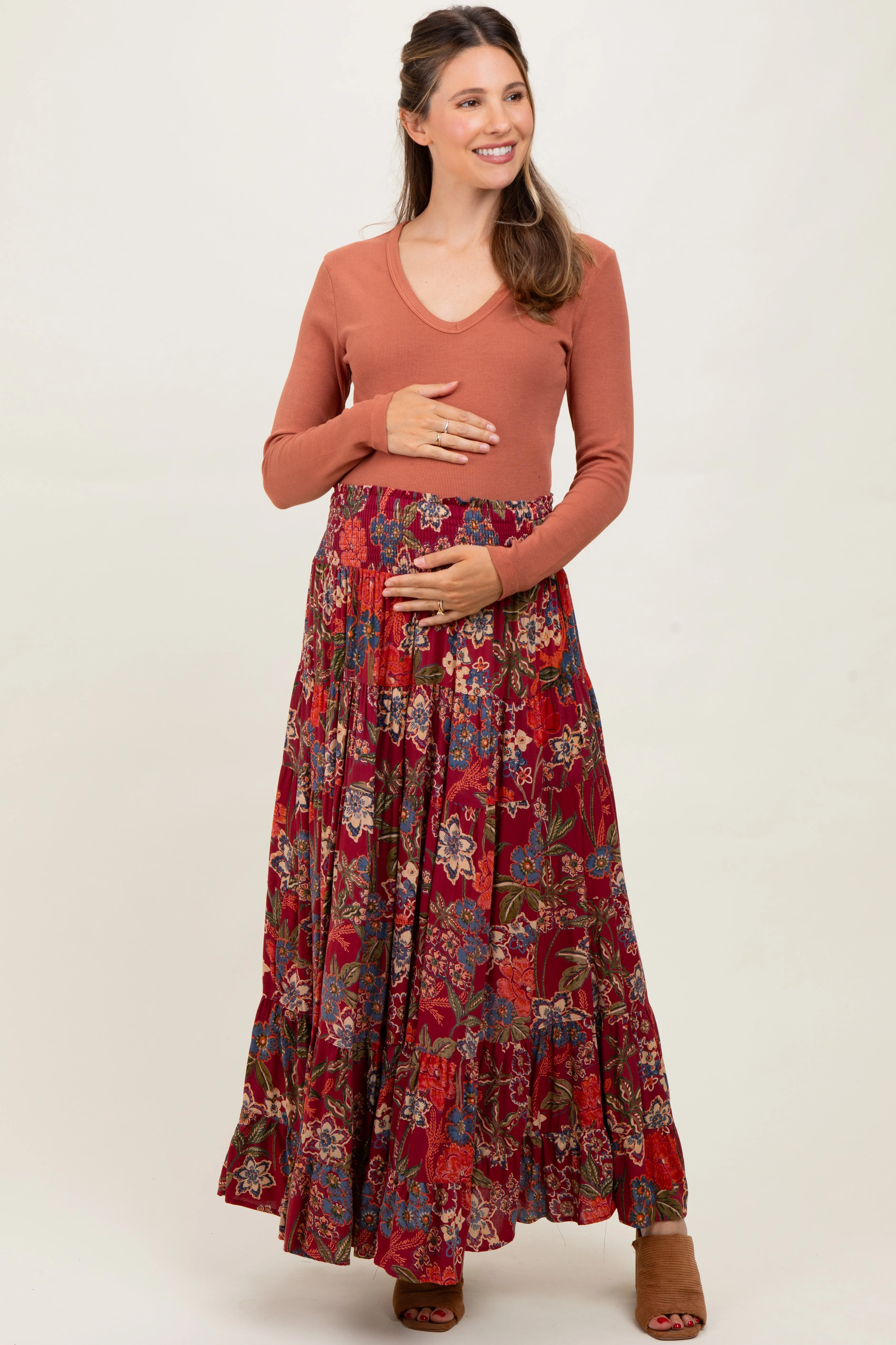 Burgundy Floral Smocked Waist Tiered Maternity Maxi Skirt sold by Pinkblush
