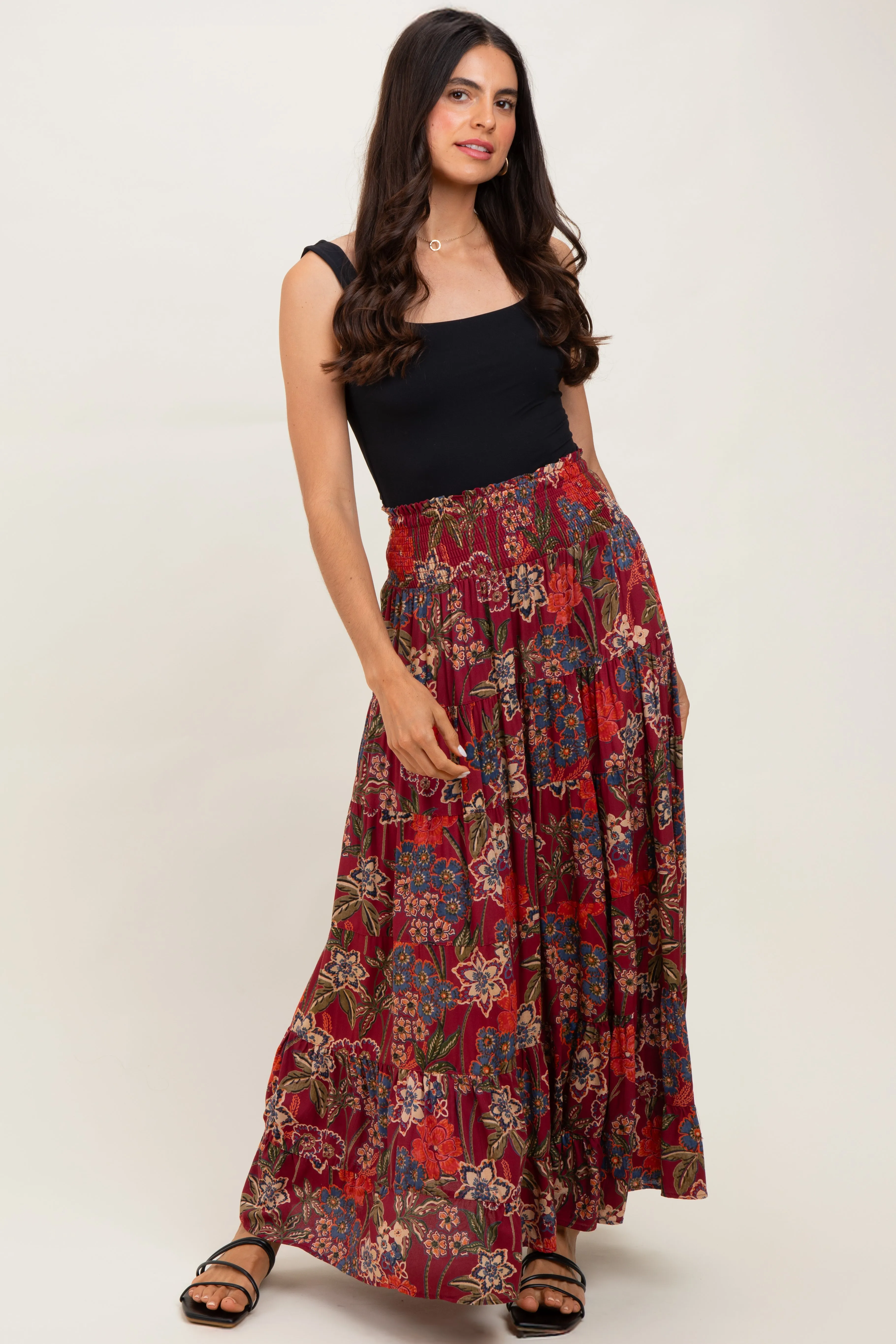 Burgundy Floral Smocked Waist Tiered Maternity Maxi Skirt sold by Pinkblush product image thumbnail 5