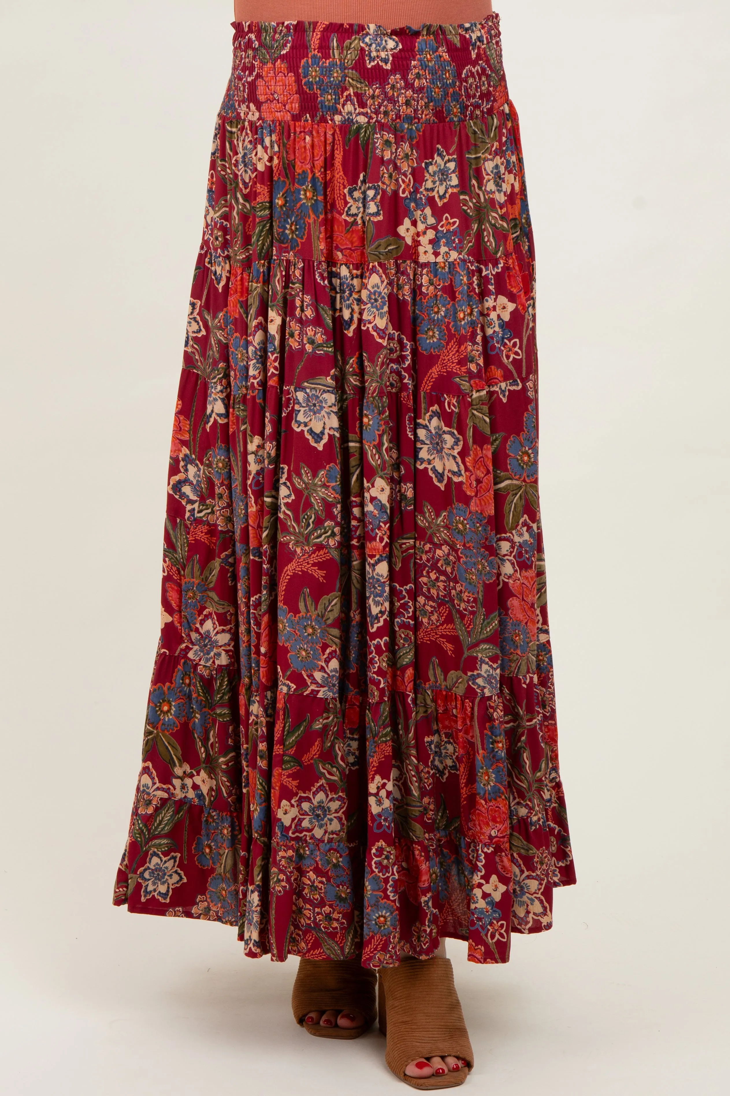 Burgundy Floral Smocked Waist Tiered Maternity Maxi Skirt sold by Pinkblush product image thumbnail 2