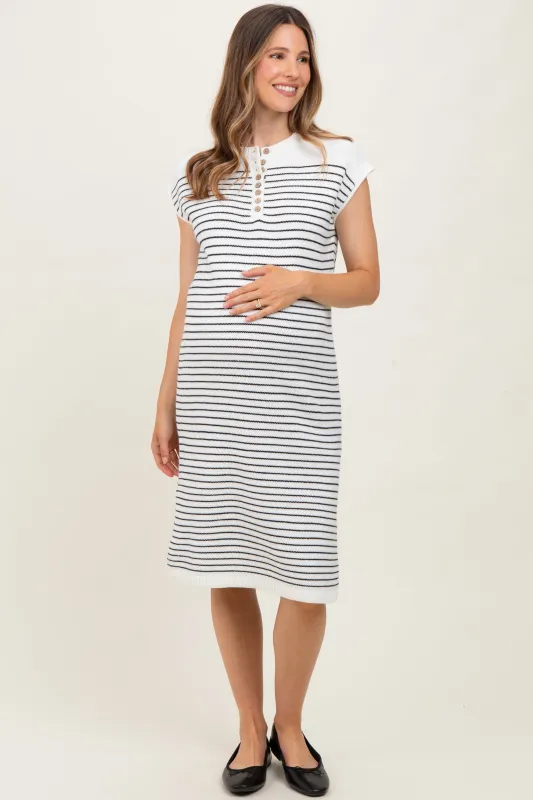 White Striped Knit Button Detail Maternity Midi Dress sold by Pinkblush