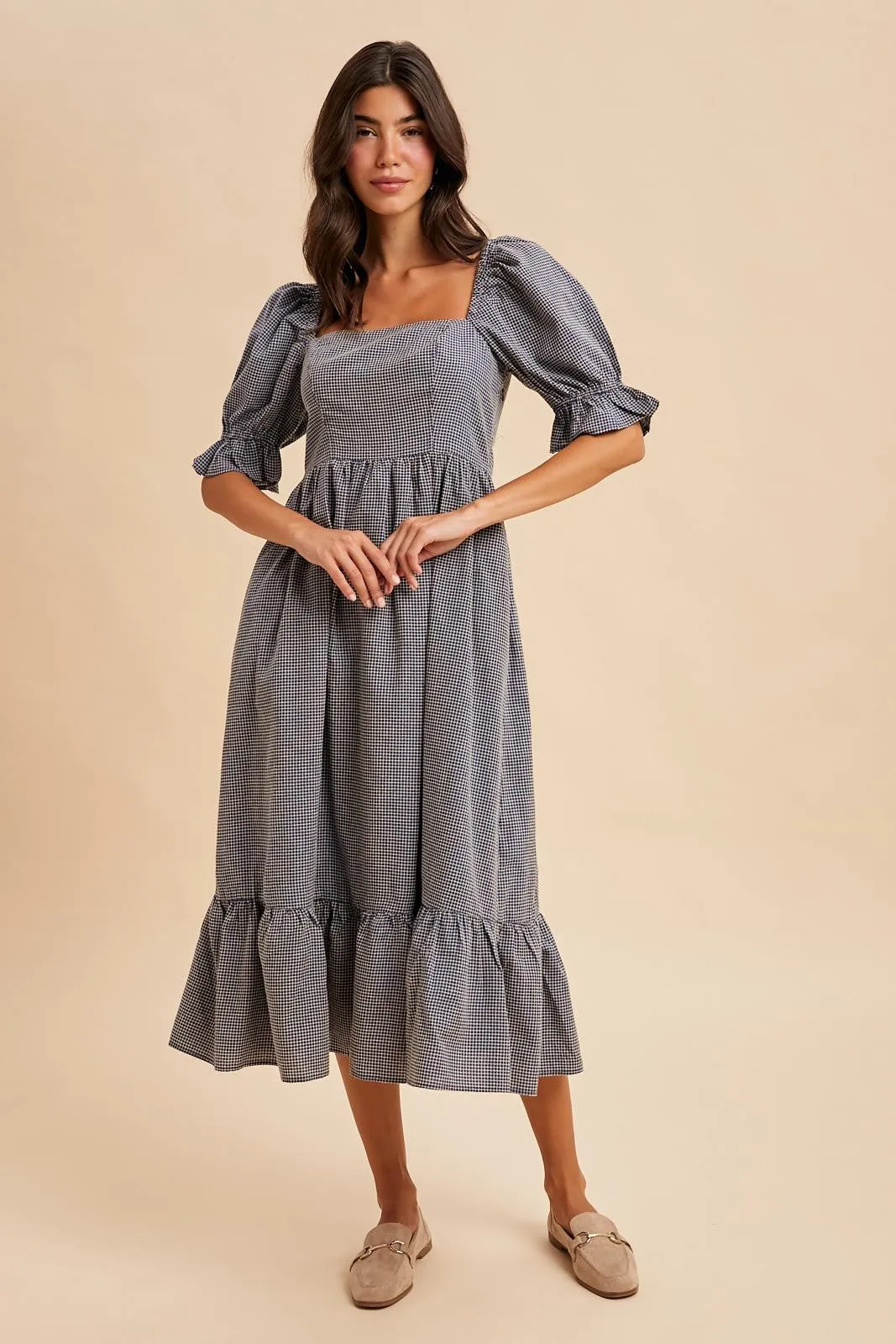 Navy Gingham Square Neck Maternity Midi Dress sold by Pinkblush product image thumbnail 4