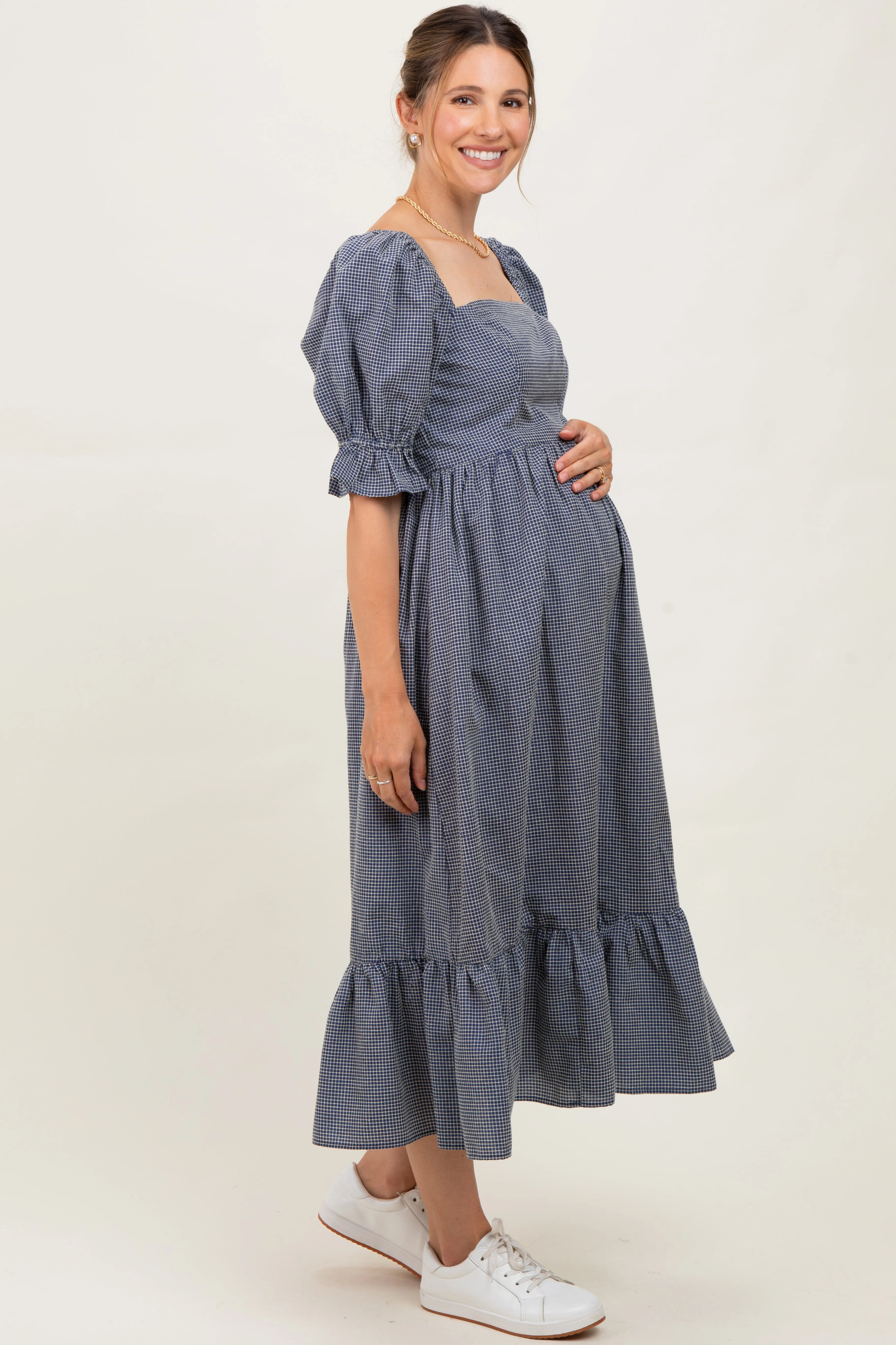Navy Gingham Square Neck Maternity Midi Dress sold by Pinkblush product image thumbnail 2