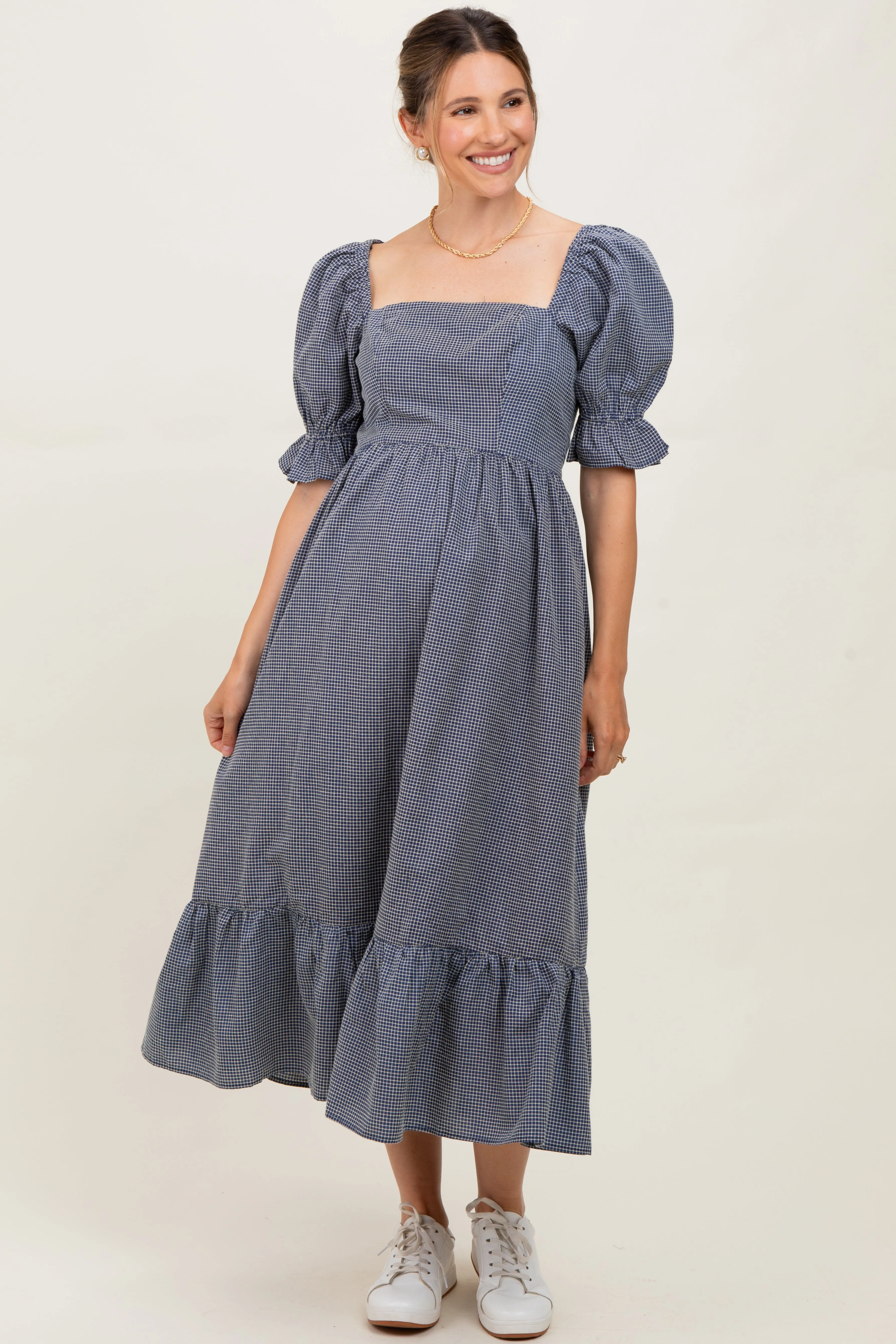 Navy Gingham Square Neck Maternity Midi Dress sold by Pinkblush