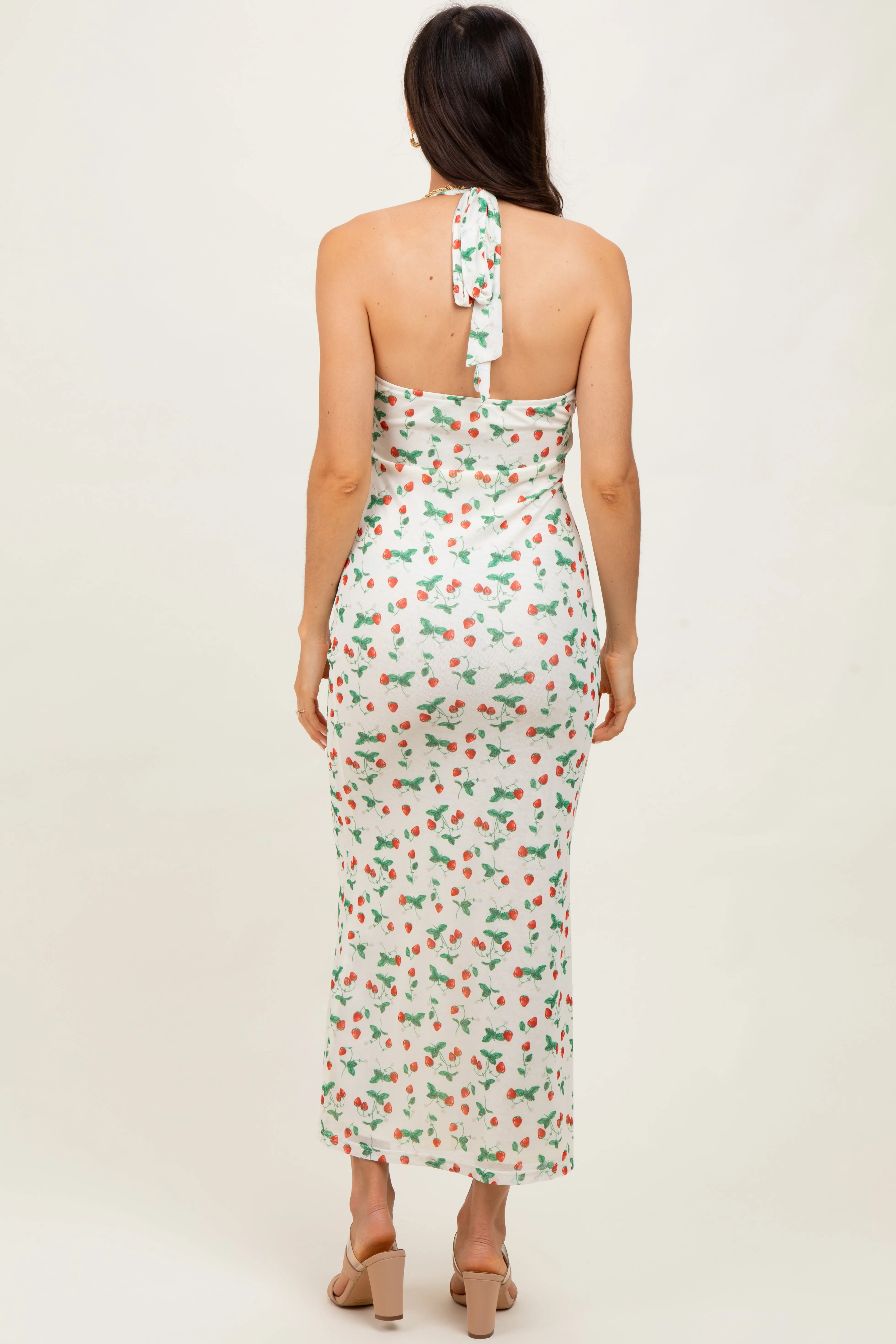 Ivory Strawberry Print Ruffle Detail Halter Maxi Dress sold by Pinkblush product image thumbnail 4
