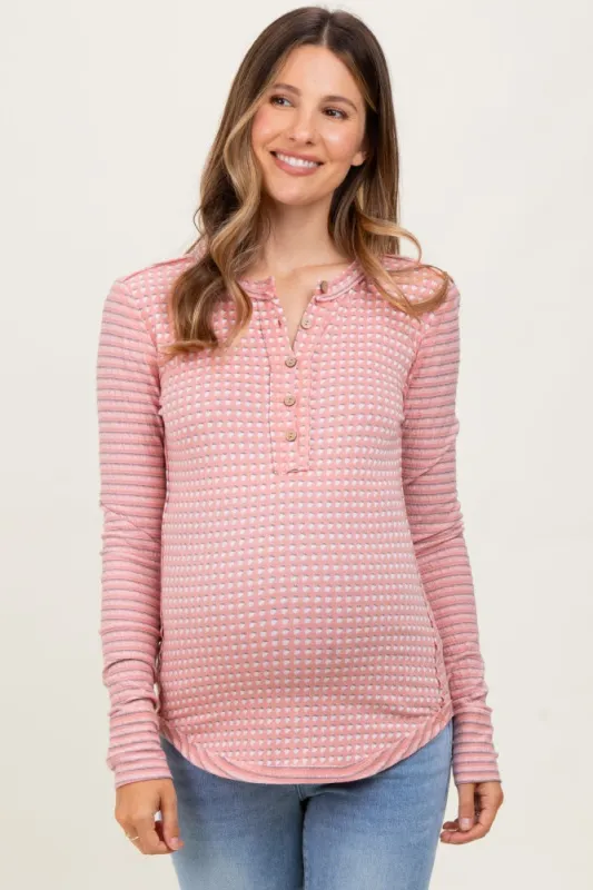 Pink Mixed Print Maternity Henley Long Sleeve Top sold by Pinkblush