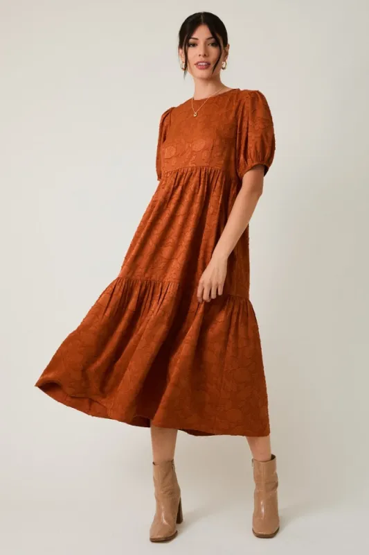 Rust Floral Jacquard Tie Detail Midi Dress sold by Pinkblush