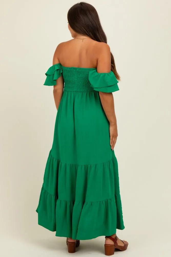 Kelly Green Solid Flared Sleeve Long Tiered Maternity Dress sold by Pinkblush product image thumbnail 4