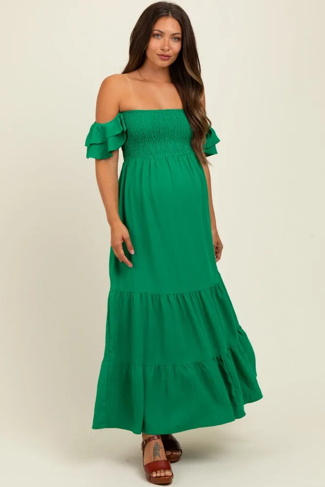 Kelly Green Solid Flared Sleeve Long Tiered Maternity Dress sold by Pinkblush