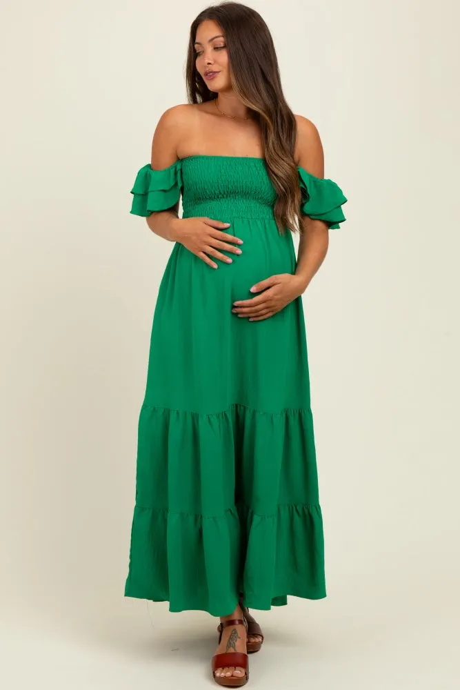 Kelly Green Solid Flared Sleeve Long Tiered Maternity Dress sold by Pinkblush product image thumbnail 2