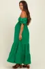 Kelly Green Solid Flared Sleeve Long Tiered Maternity Dress sold by Pinkblush