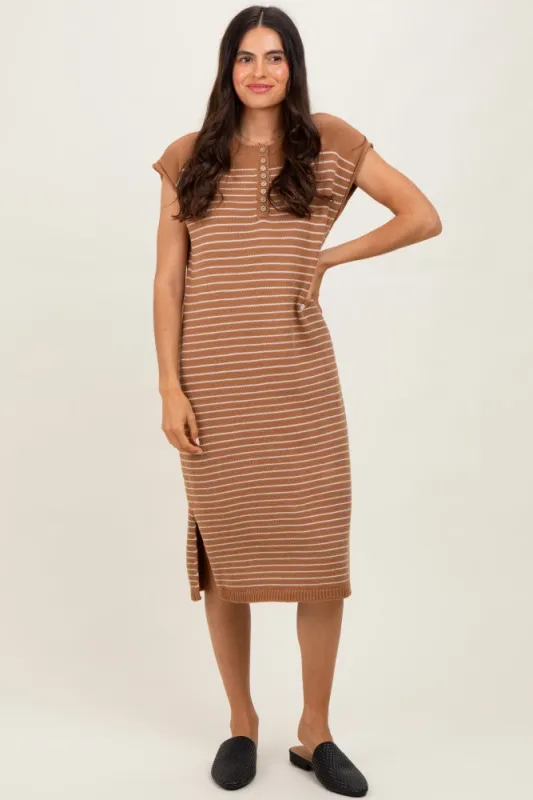 Mocha Striped Knit Button Detail Midi Dress sold by Pinkblush