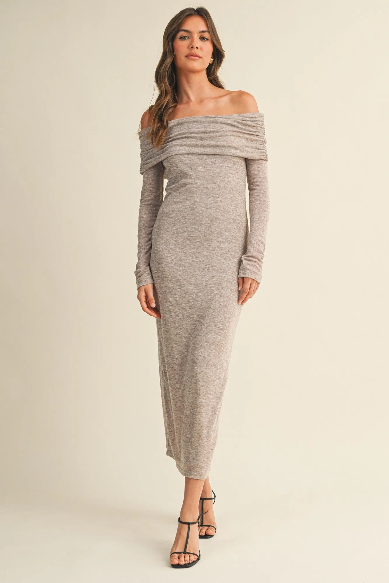 Mocha Heather Off Shoulder Long Sleeve Maternity Maxi Dress sold by Pinkblush product image thumbnail 5