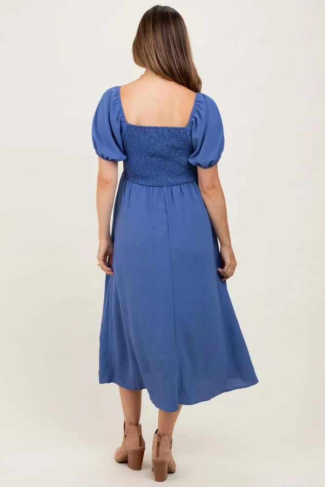 Navy Blue Smocked Square Neck Bow Detail Maternity Midi Dress sold by Pinkblush product image thumbnail 3
